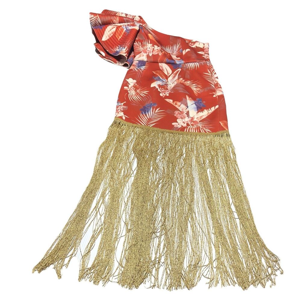 ASOS Floral One Shoulder Gold Fringe Maxi Dress Scuba US 8 Dramatic Tropical NWT